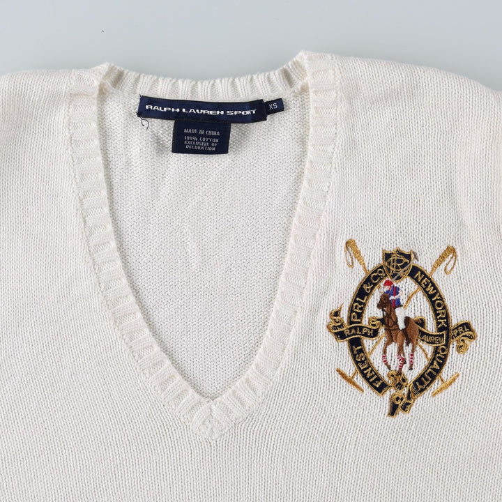Ralph Lauren RALPH LAUREN SPORT V-neck cotton knit sweater, women's size XS (approx.) cotton white type Vintage Second Hand