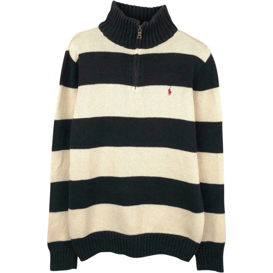 Ralph Lauren POLO by Ralph Lauren Striped Pattern Cotton Knit Half-Zip Sweater, Women's Size M (approx.) cotton ivory Vintage Second Hand
