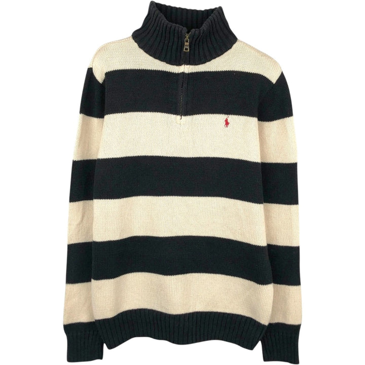 Ralph Lauren POLO by Ralph Lauren Striped Pattern Cotton Knit Half-Zip Sweater, Women's Size M (approx.) cotton ivory Vintage Second Hand