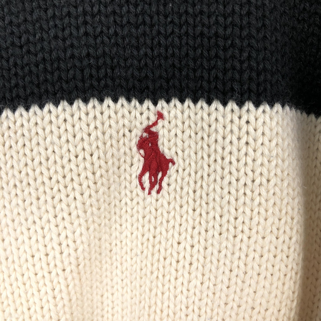 Ralph Lauren POLO by Ralph Lauren Striped Pattern Cotton Knit Half-Zip Sweater, Women's Size M (approx.) cotton ivory Vintage Second Hand
