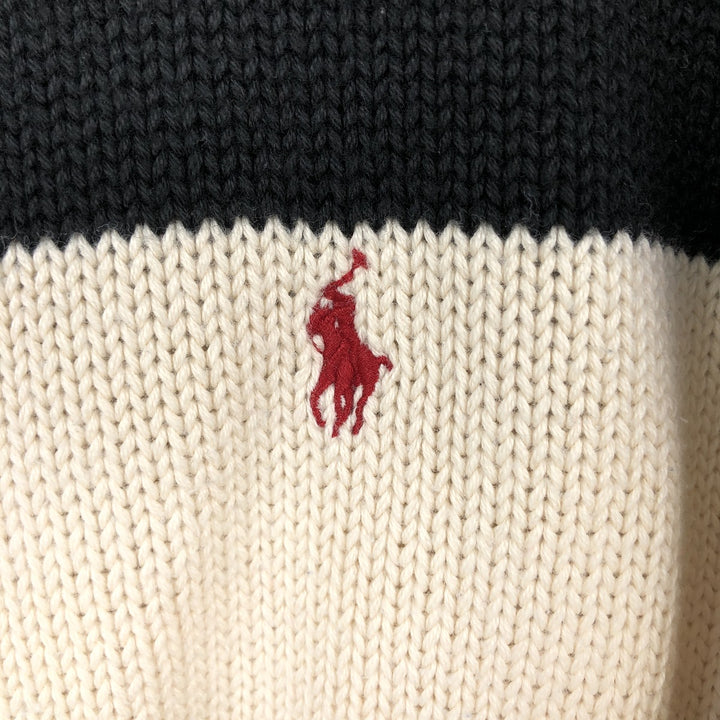 Ralph Lauren POLO by Ralph Lauren Striped Pattern Cotton Knit Half-Zip Sweater, Women's Size M (approx.) cotton ivory Vintage Second Hand