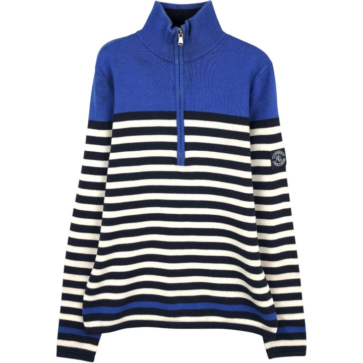 Ralph Lauren LAUREN Striped Pattern Cotton Knit Half-Zip Sweater, Women's Size M (approx.) cotton blue type Vintage Second Hand