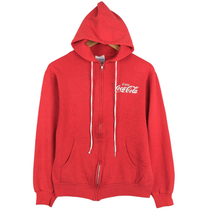 1980'S Hanes Coca-Cola Advertising Full-Zip Sweatshirt Hoodie, Made in USA, Men's Size S (Equivalent), Vintage cotton red type Vintage Second Hand
