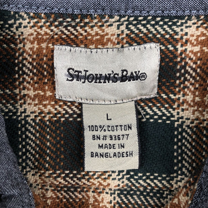 St. John's Bay Long-Sleeve Flannel Check Shirt, Women's Size L (approx.) cotton dark green Vintage Second Hand