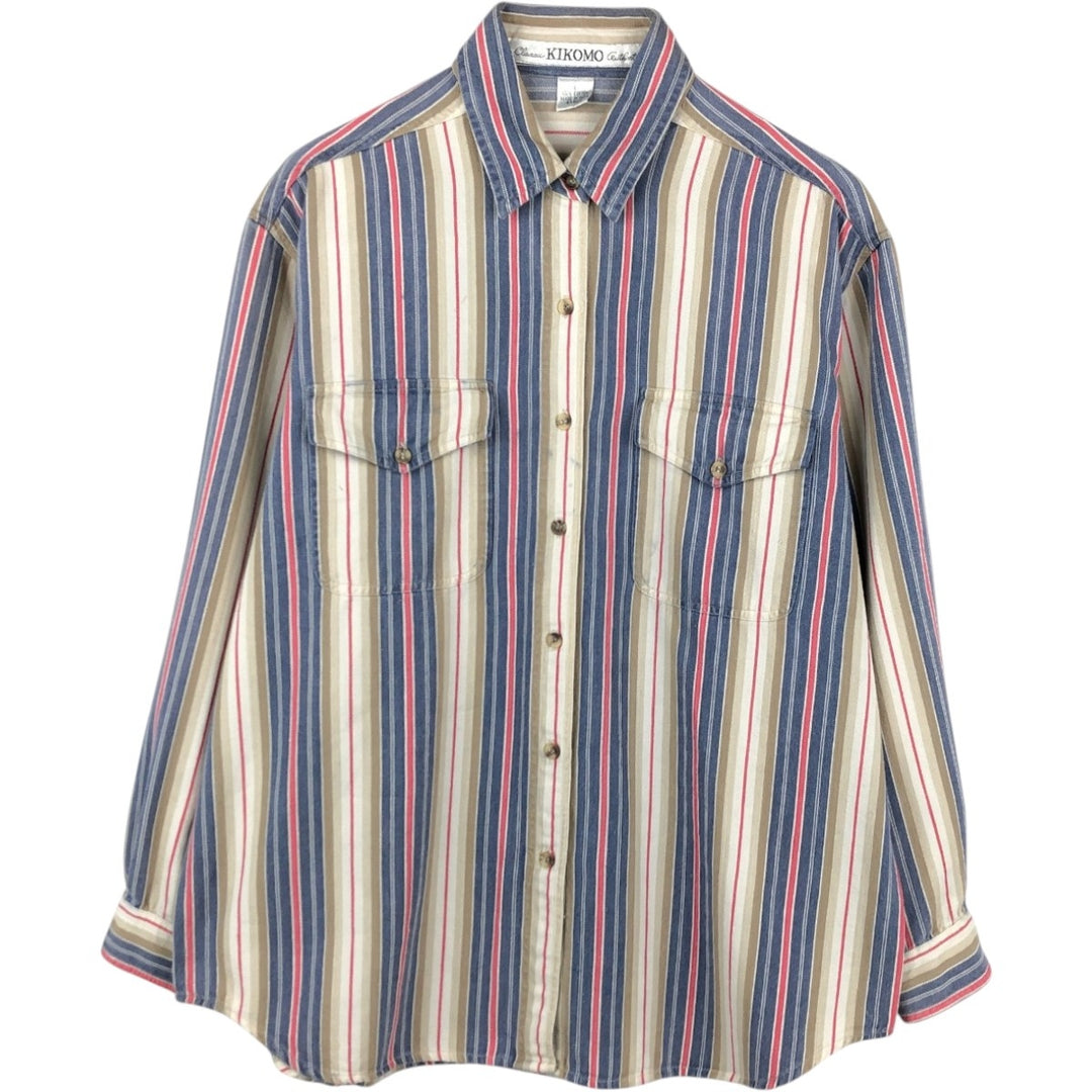 KIKOMO Multi-stripe Long-Sleeve Cotton Stripe Shirt, Women's Size L (approx.) cotton blue type Vintage Second Hand