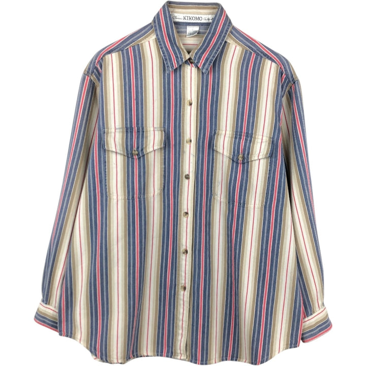 KIKOMO Multi-stripe Long-Sleeve Cotton Stripe Shirt, Women's Size L (approx.) cotton blue type Vintage Second Hand