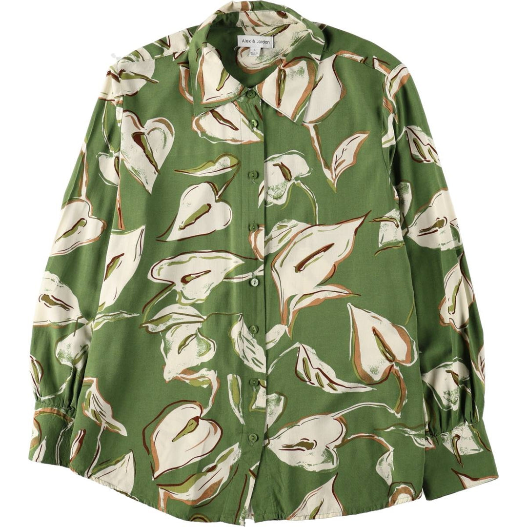 Alex and Jordan all-over leaf pattern long-sleeved rayon shirt, women's size L (approx.) Rayon green type Vintage Second Hand