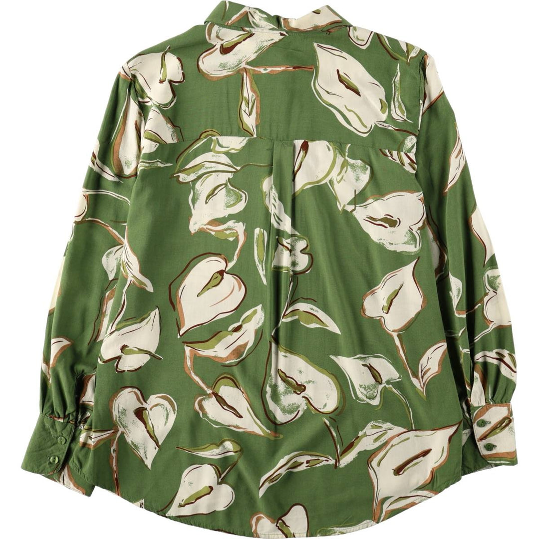 Alex and Jordan all-over leaf pattern long-sleeved rayon shirt, women's size L (approx.) Rayon green type Vintage Second Hand