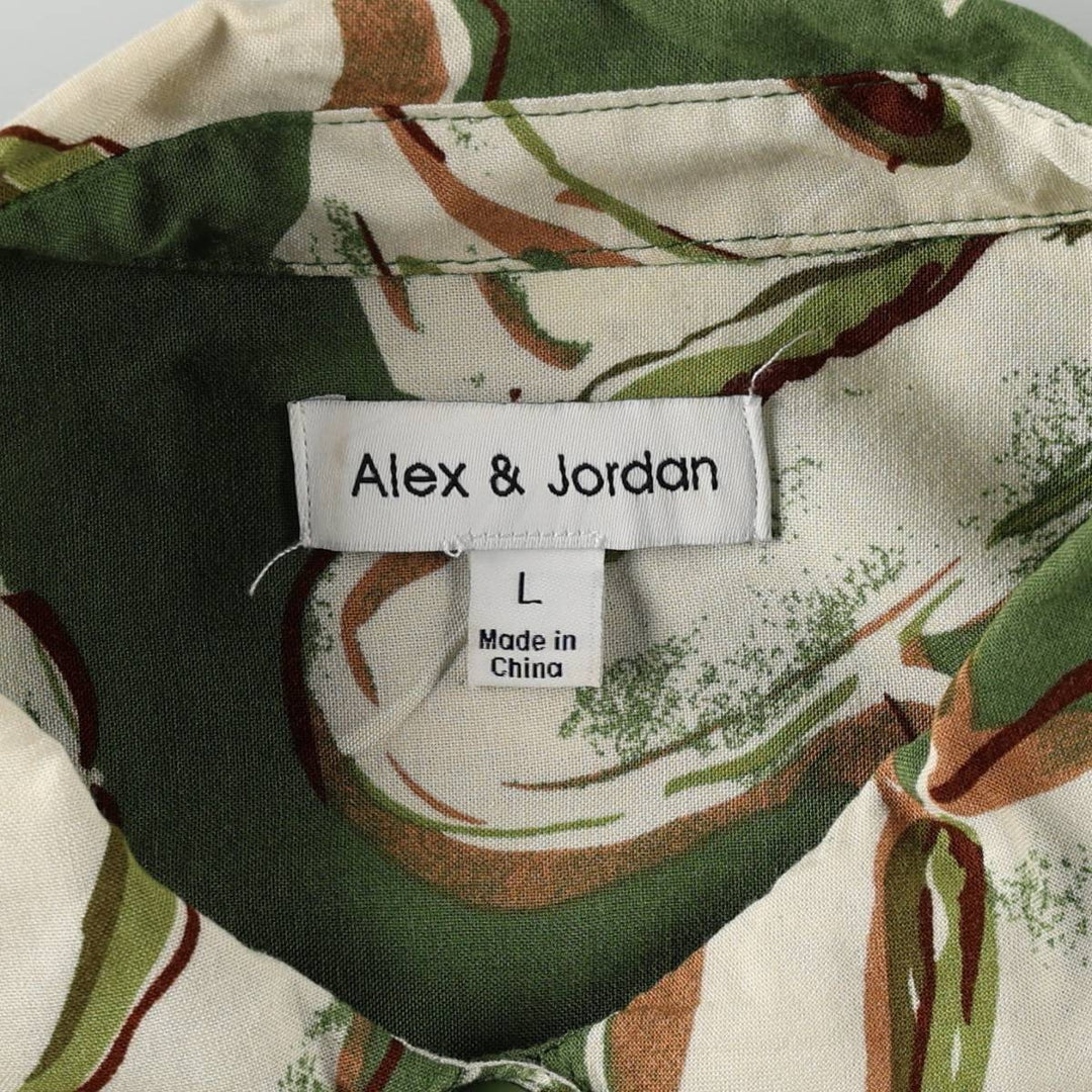 Alex and Jordan all-over leaf pattern long-sleeved rayon shirt, women's size L (approx.) Rayon green type Vintage Second Hand