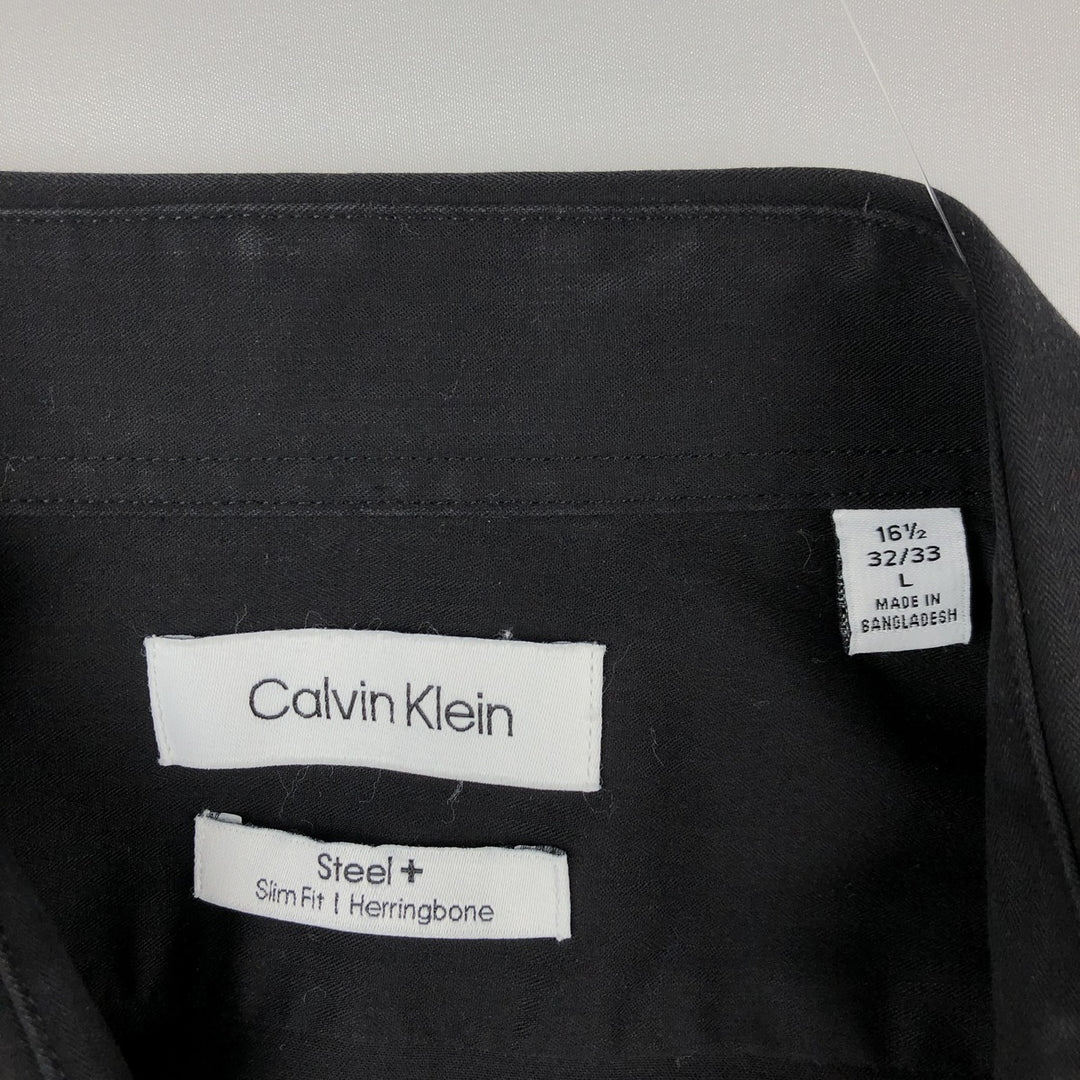 Calvin Klein Steel Slim Fit Herringbone Long-Sleeve Cotton Shirt (Men's Size L) cotton black type Vintage Second Hand