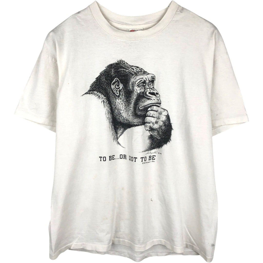 90'S Hanes Heavyweight Gorilla Pattern Animal T-Shirt, Made in USA, Men's XL equivalent, Vintage cotton white type Vintage Second Hand