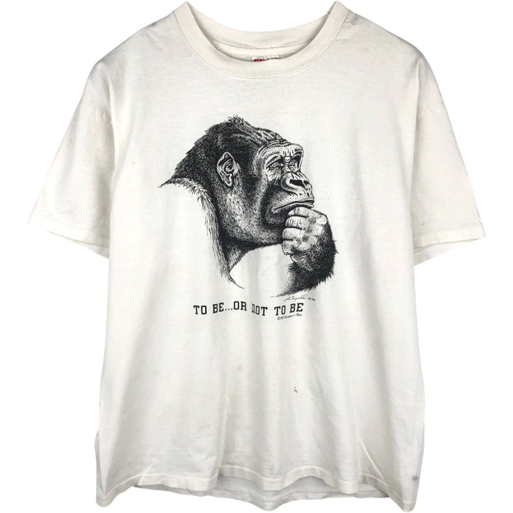 90'S Hanes Heavyweight Gorilla Pattern Animal T-Shirt, Made in USA, Men's XL equivalent, Vintage cotton white type Vintage Second Hand