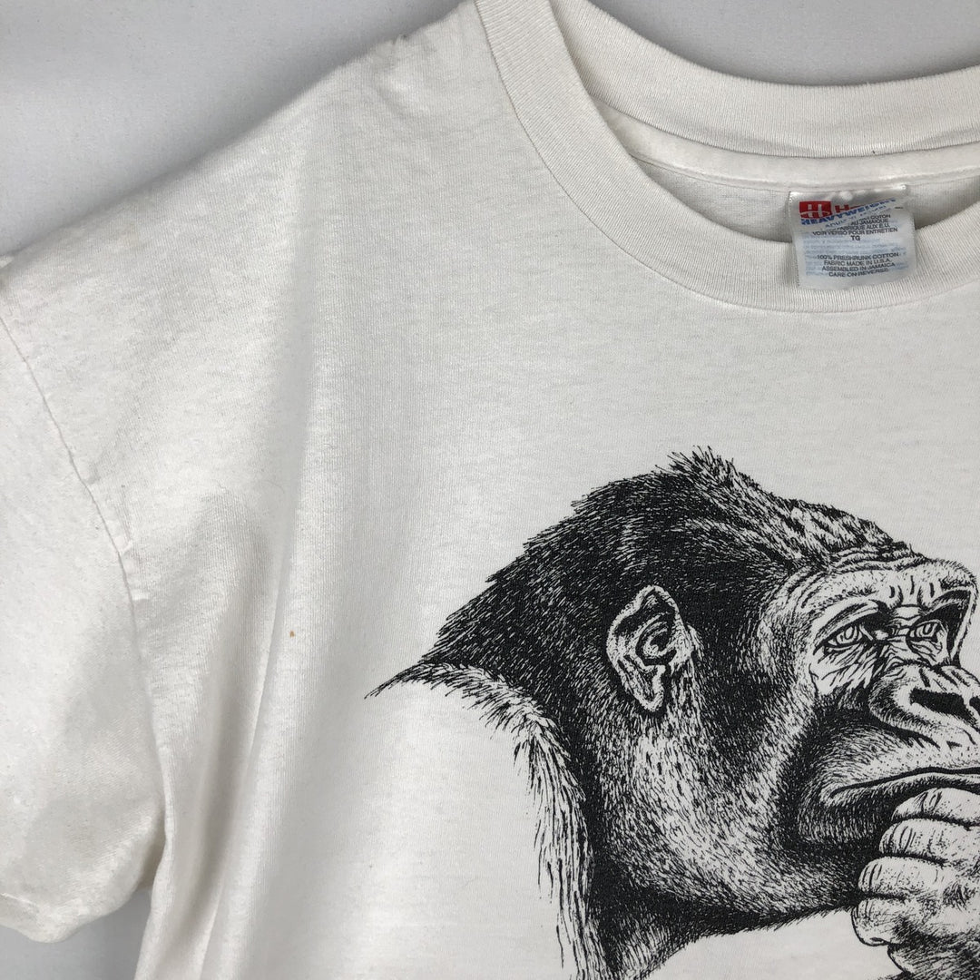 90'S Hanes Heavyweight Gorilla Pattern Animal T-Shirt, Made in USA, Men's XL equivalent, Vintage cotton white type Vintage Second Hand
