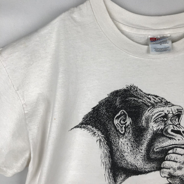 90'S Hanes Heavyweight Gorilla Pattern Animal T-Shirt, Made in USA, Men's XL equivalent, Vintage cotton white type Vintage Second Hand