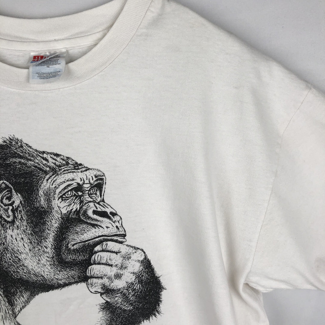 90'S Hanes Heavyweight Gorilla Pattern Animal T-Shirt, Made in USA, Men's XL equivalent, Vintage cotton white type Vintage Second Hand