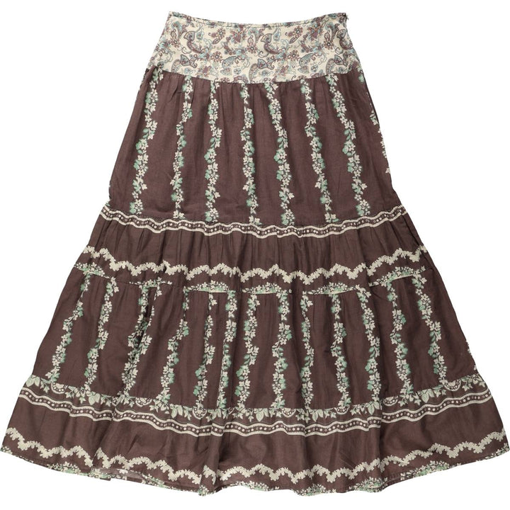 TRACY EVANS LIMITED All-over Paisley and Botanical Pattern Cotton Long Tiered Skirt (Women's Size L) cotton brown type Vintage Second Hand