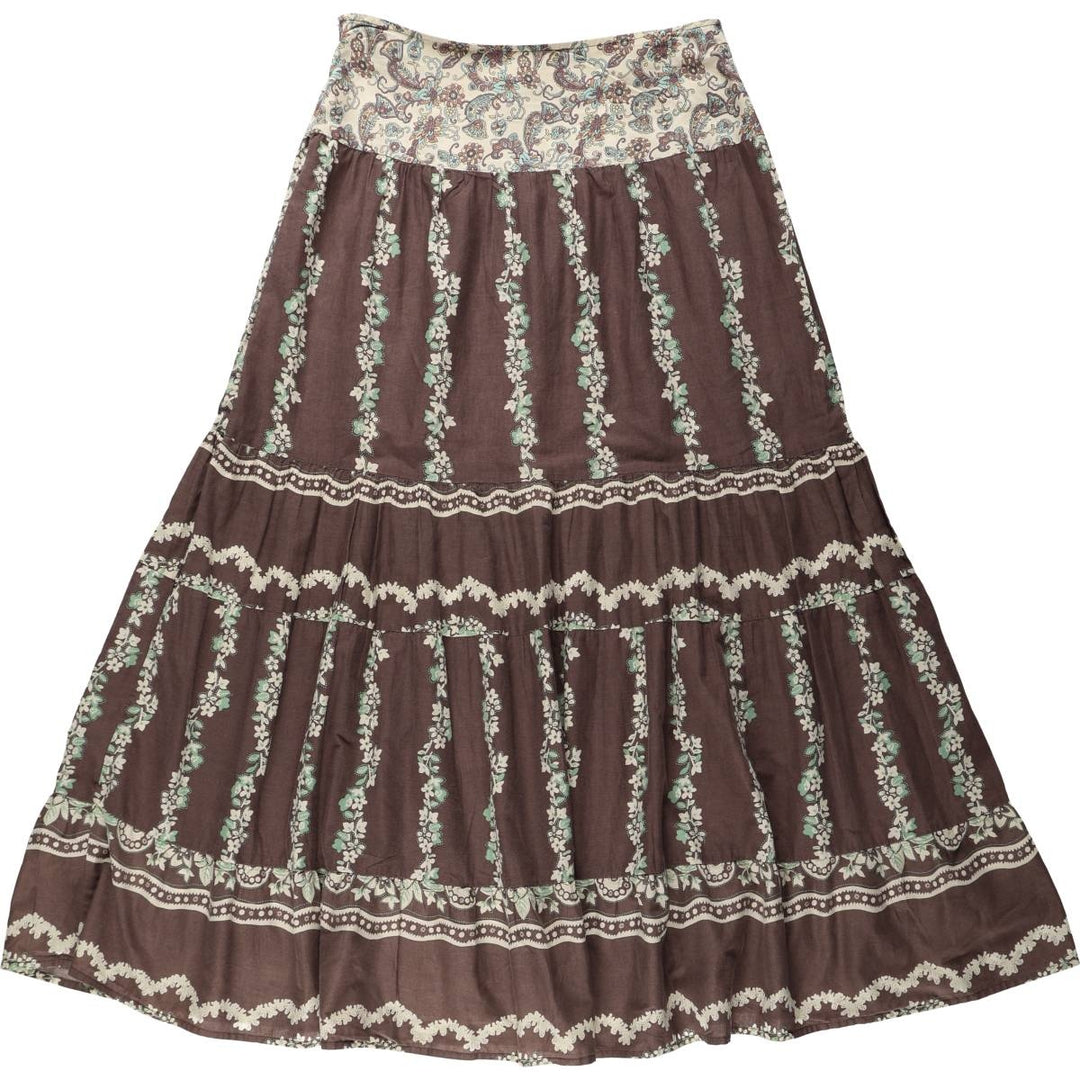 TRACY EVANS LIMITED All-over Paisley and Botanical Pattern Cotton Long Tiered Skirt (Women's Size L) cotton brown type Vintage Second Hand