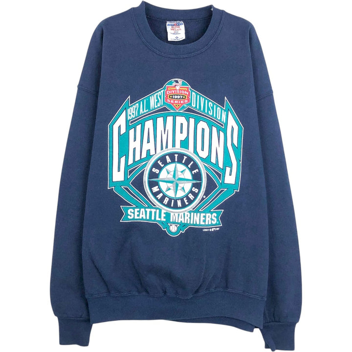 90'S Jerzees MLB Seattle Mariners Logo Sweatshirt, Made in USA, Men's XL equivalent, Vintage cotton navy blue type Vintage Second Hand