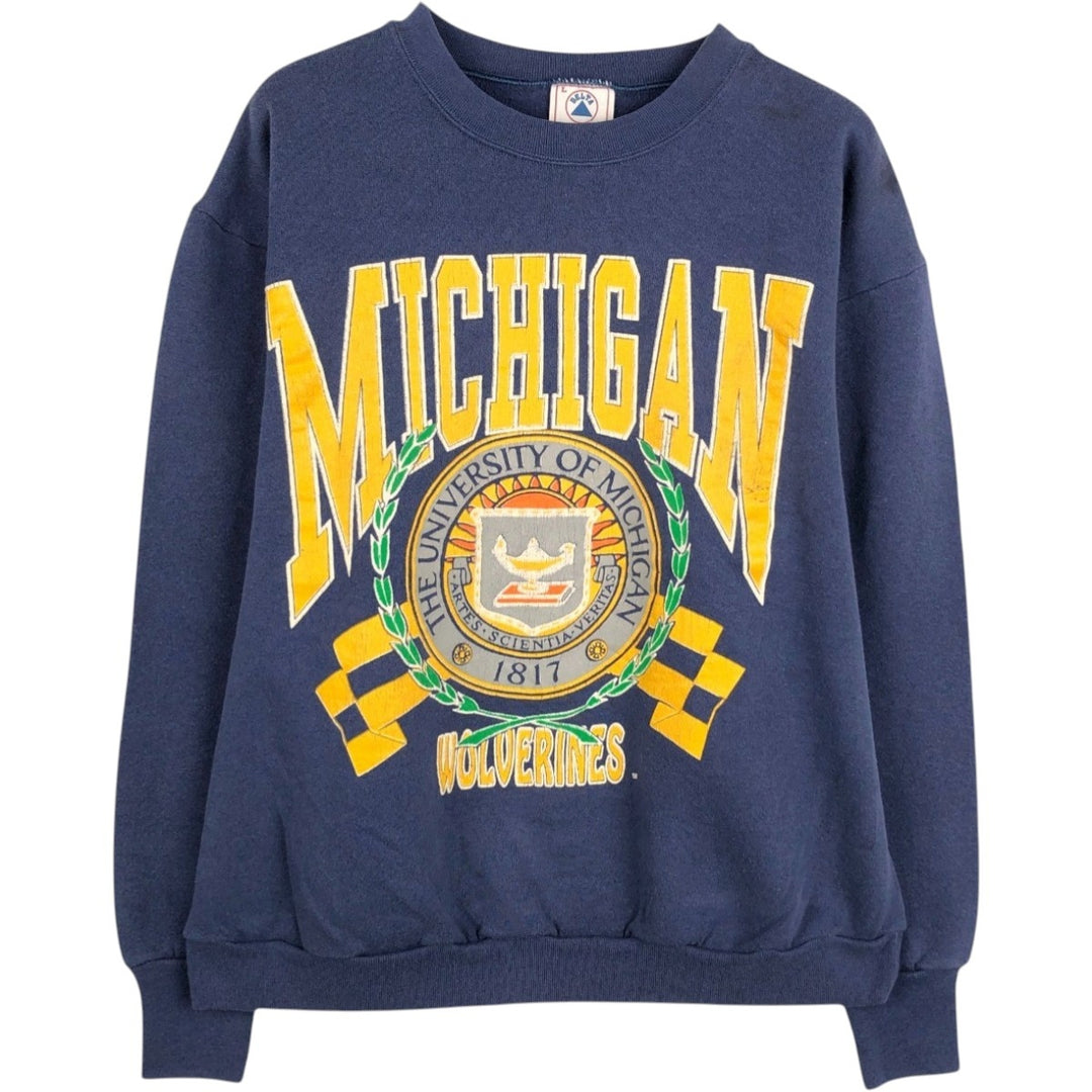 90'S Delta University of Michigan Triple Print College Sweatshirt, Made in USA, Women's Size L (Equivalent), Vintage polyester navy blue type Vintage Second Hand