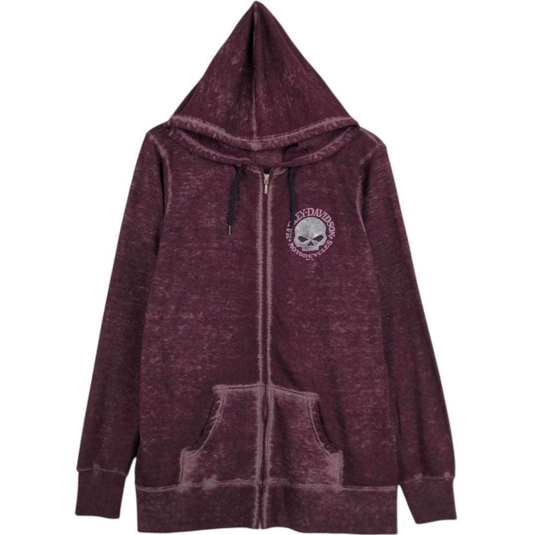 Harley-Davidson Skull Pattern Sweat Full-Zip Hoodie (Women's Size L) cotton Red type red-purple Vintage Second Hand