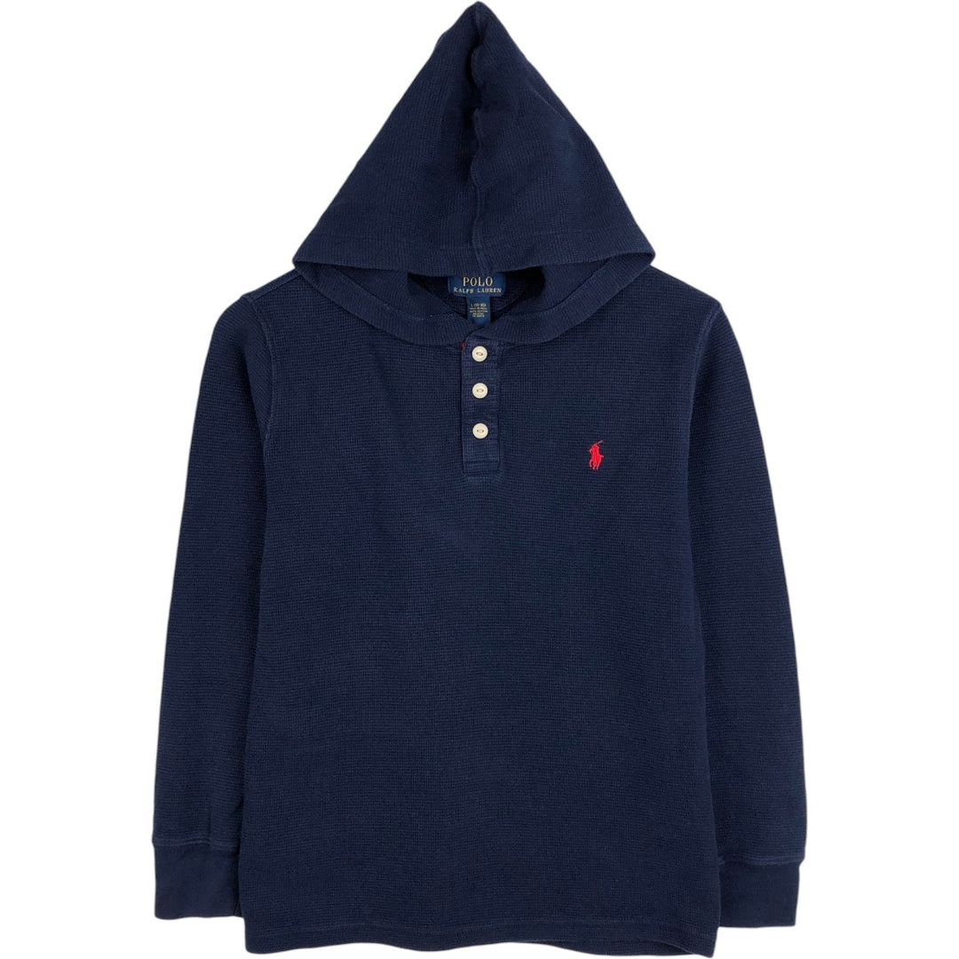 Ralph Lauren POLO RALPH LAUREN Half-Button Hooded Thermal Long-Sleeve T-Shirt, Waffle Knit, Women's Size M (approx.) cotton navy blue type Vintage Second Hand