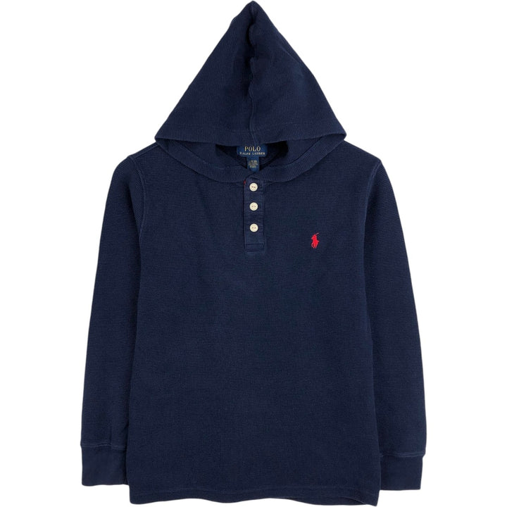 Ralph Lauren POLO RALPH LAUREN Half-Button Hooded Thermal Long-Sleeve T-Shirt, Waffle Knit, Women's Size M (approx.) cotton navy blue type Vintage Second Hand