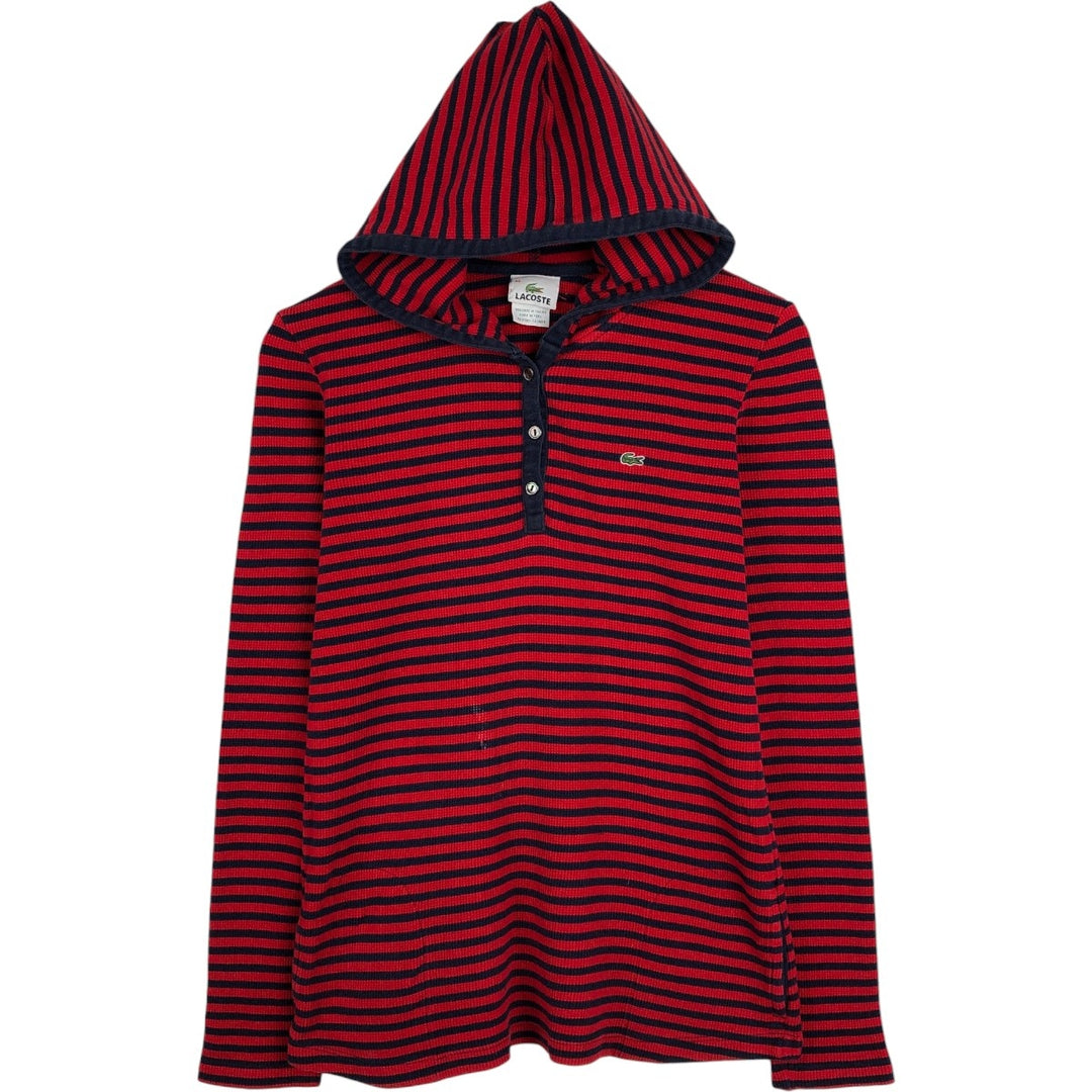 Lacoste (LACOSTE) France-designed striped pattern, half-button, hooded thermal long-sleeve T-shirt, waffle knit, women's size L equivalent. cotton red type Vintage Second Hand