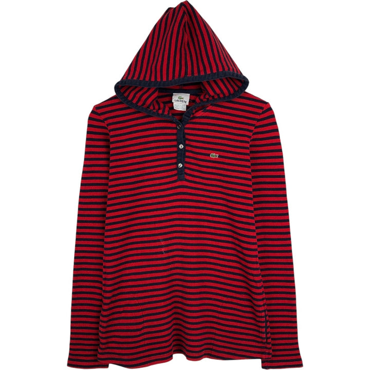 Lacoste (LACOSTE) France-designed striped pattern, half-button, hooded thermal long-sleeve T-shirt, waffle knit, women's size L equivalent. cotton red type Vintage Second Hand