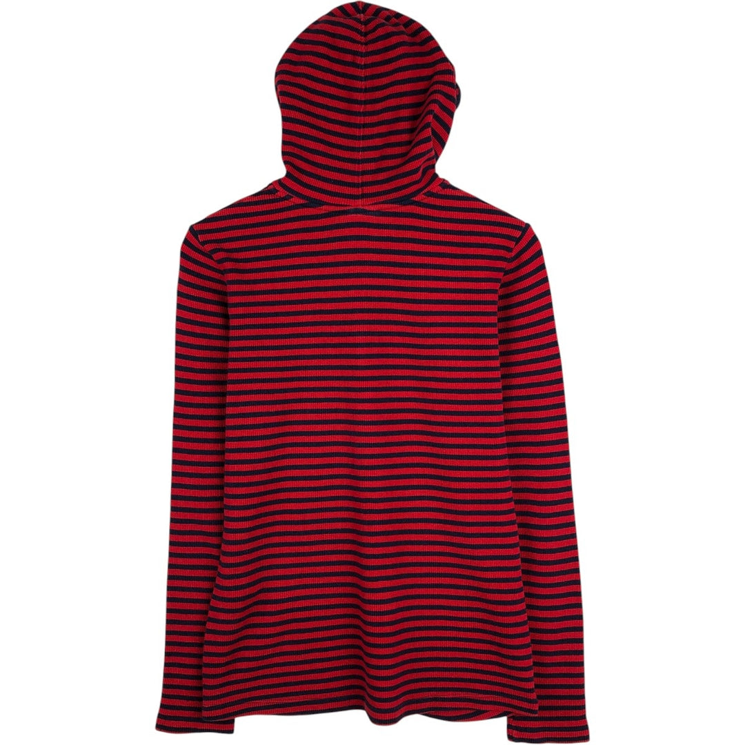 Lacoste (LACOSTE) France-designed striped pattern, half-button, hooded thermal long-sleeve T-shirt, waffle knit, women's size L equivalent. cotton red type Vintage Second Hand