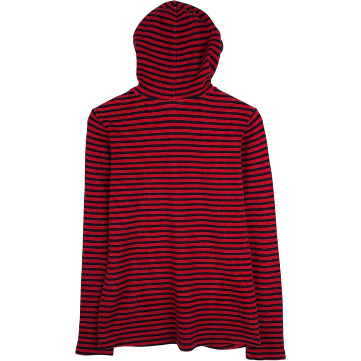 Lacoste (LACOSTE) France-designed striped pattern, half-button, hooded thermal long-sleeve T-shirt, waffle knit, women's size L equivalent. cotton red type Vintage Second Hand