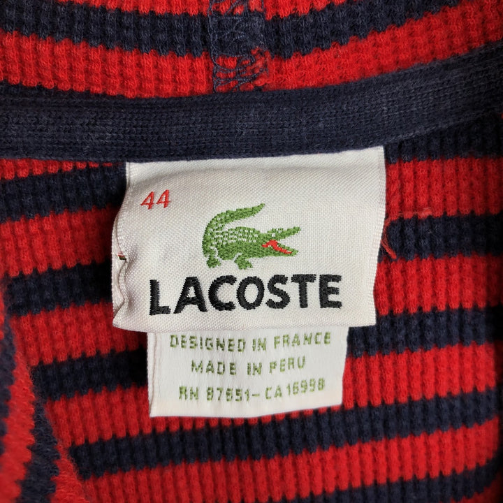 Lacoste (LACOSTE) France-designed striped pattern, half-button, hooded thermal long-sleeve T-shirt, waffle knit, women's size L equivalent. cotton red type Vintage Second Hand