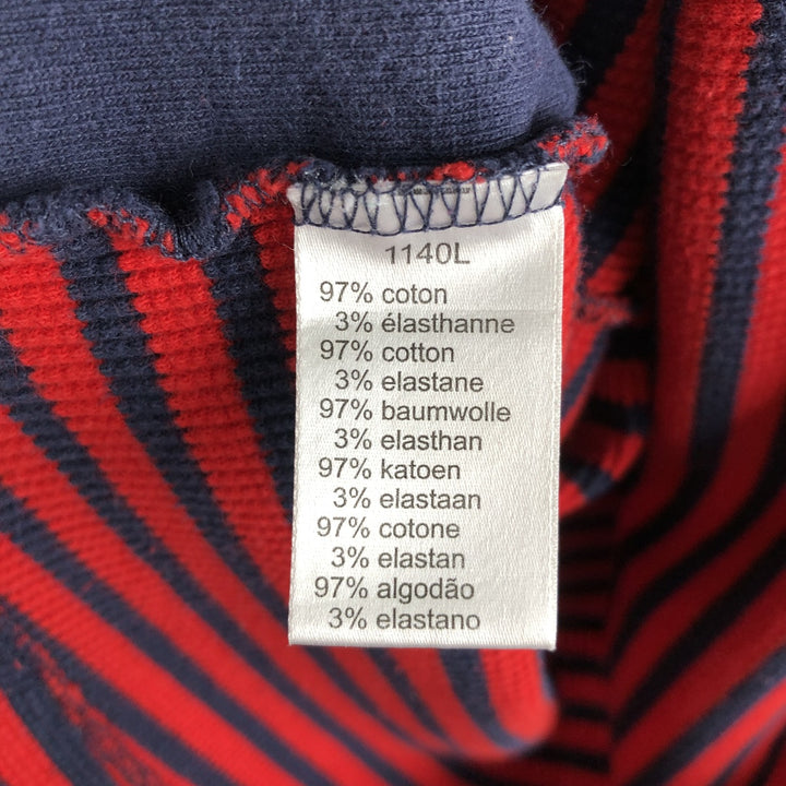 Lacoste (LACOSTE) France-designed striped pattern, half-button, hooded thermal long-sleeve T-shirt, waffle knit, women's size L equivalent. cotton red type Vintage Second Hand
