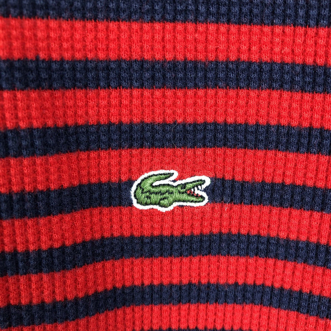 Lacoste (LACOSTE) France-designed striped pattern, half-button, hooded thermal long-sleeve T-shirt, waffle knit, women's size L equivalent. cotton red type Vintage Second Hand