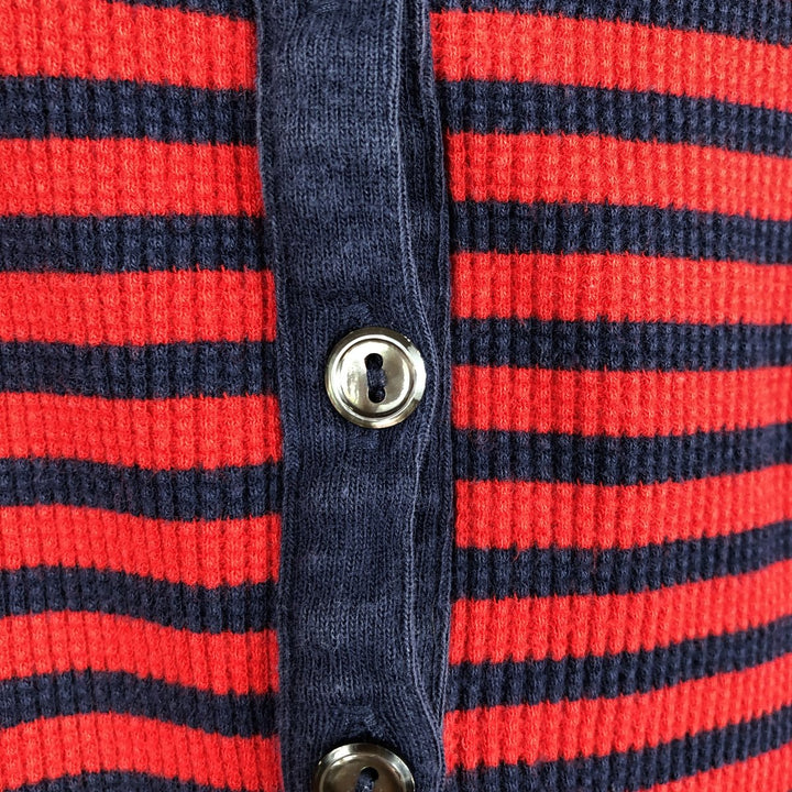 Lacoste (LACOSTE) France-designed striped pattern, half-button, hooded thermal long-sleeve T-shirt, waffle knit, women's size L equivalent. cotton red type Vintage Second Hand