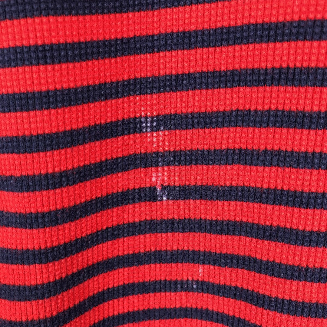 Lacoste (LACOSTE) France-designed striped pattern, half-button, hooded thermal long-sleeve T-shirt, waffle knit, women's size L equivalent. cotton red type Vintage Second Hand
