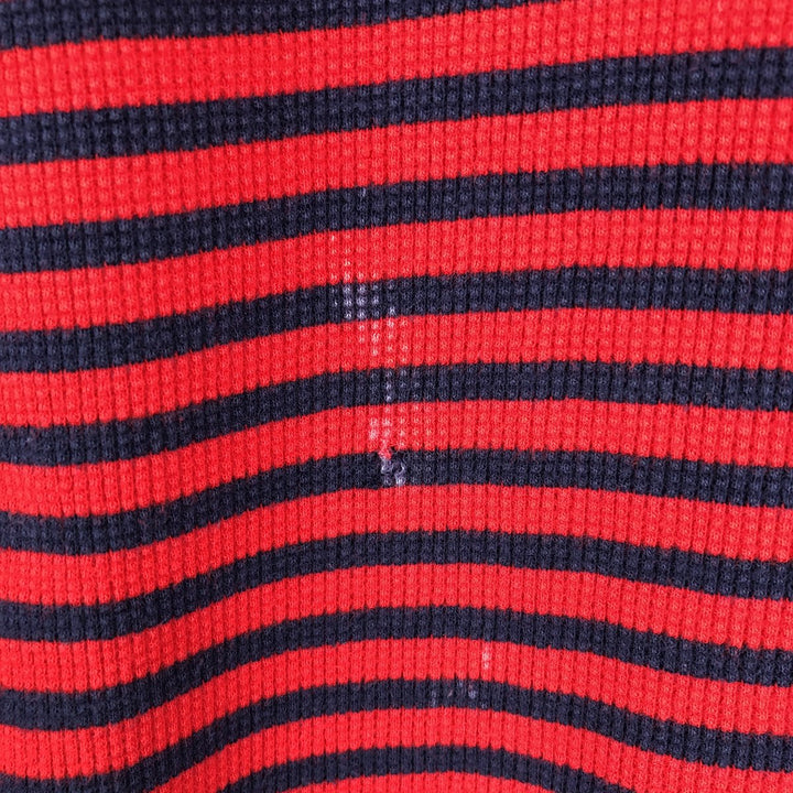 Lacoste (LACOSTE) France-designed striped pattern, half-button, hooded thermal long-sleeve T-shirt, waffle knit, women's size L equivalent. cotton red type Vintage Second Hand