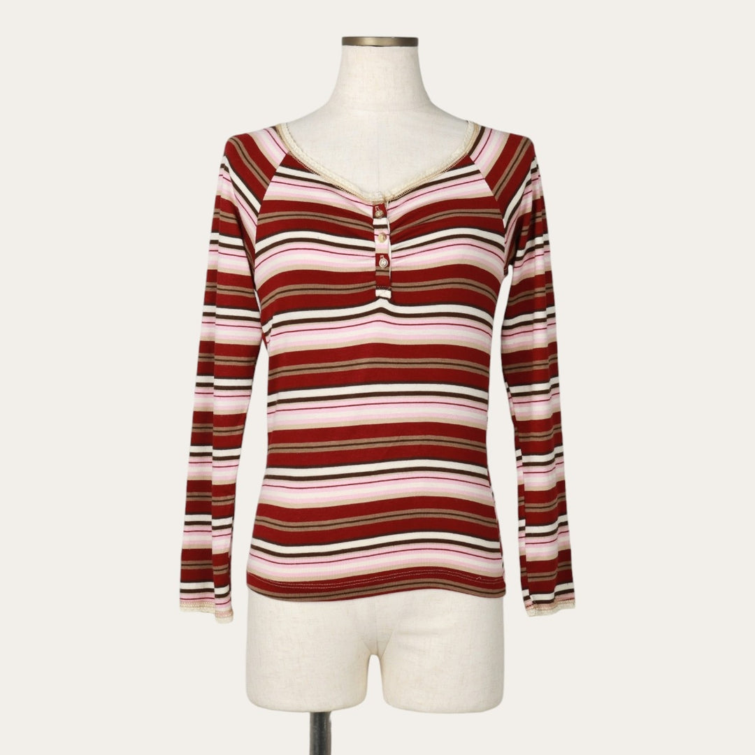 eyeshadow multi-stripe henley neck long-sleeved T-shirt (women's size M) unclear pink type Vintage Second Hand