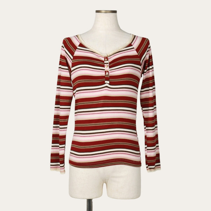 eyeshadow multi-stripe henley neck long-sleeved T-shirt (women's size M) unclear pink type Vintage Second Hand