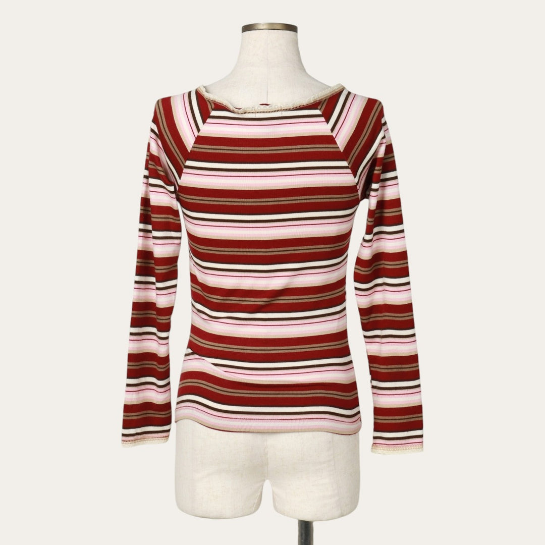 eyeshadow multi-stripe henley neck long-sleeved T-shirt (women's size M) unclear pink type Vintage Second Hand