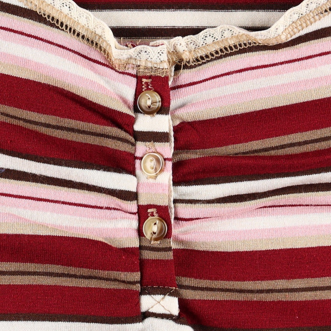 eyeshadow multi-stripe henley neck long-sleeved T-shirt (women's size M) unclear pink type Vintage Second Hand