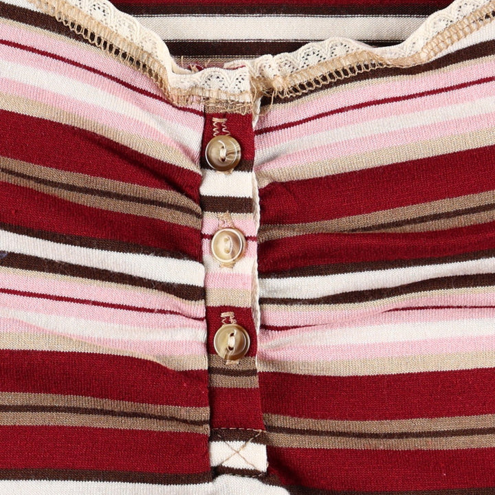 eyeshadow multi-stripe henley neck long-sleeved T-shirt (women's size M) unclear pink type Vintage Second Hand