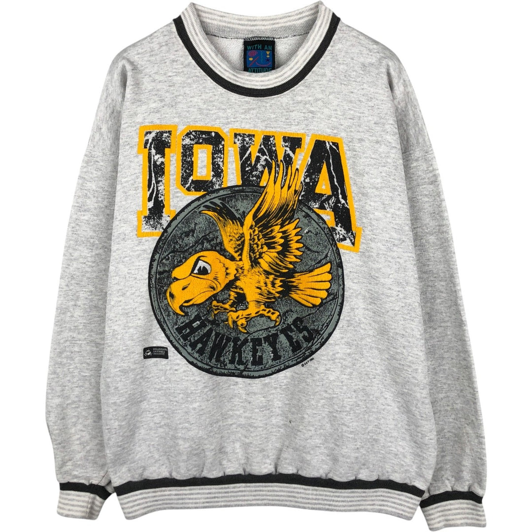 90'S WITH AN ATTITUDE University of Iowa Eagle Pattern College Sweatshirt, Made in USA, Men's XL equivalent. unclear white type Vintage Second Hand