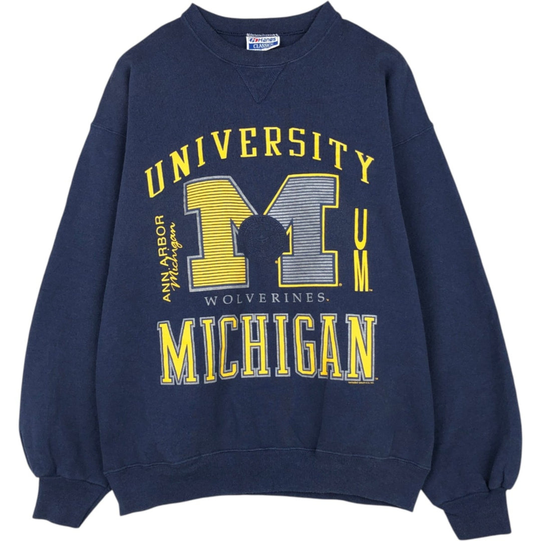 80'S Hanes University of Michigan Triple Print College Sweatshirt, Made in USA, Men's XL (approx.) Vintage cotton navy blue type Vintage Second Hand