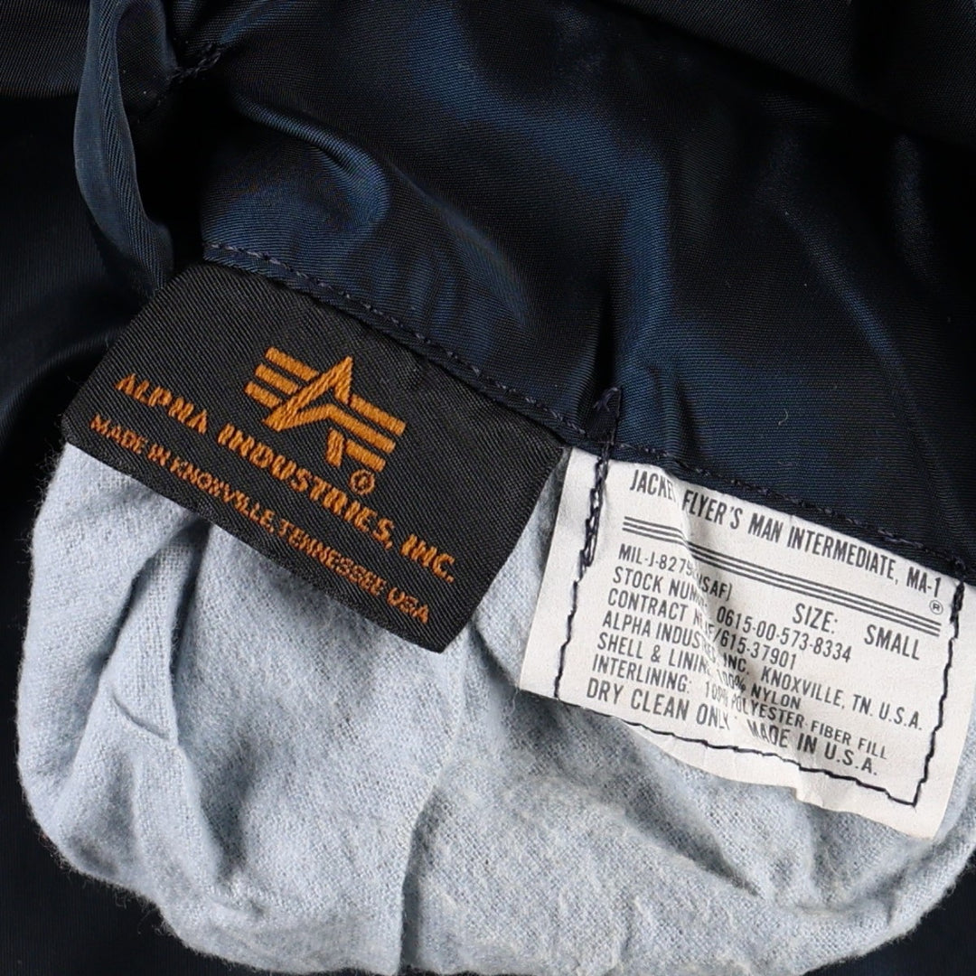 Civilian-made 1990'S Alpha Industries MA-1 type padded military flight jacket, made in the USA, size SMALL (equivalent to men's S). Nylon navy blue type Vintage Second Hand