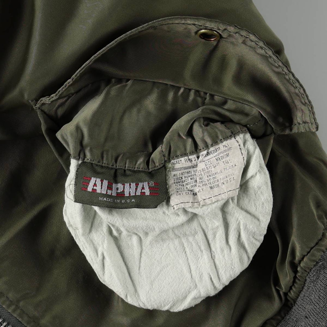 Civilian-made 1990'S Alpha Industries MA-1 type padded military flight jacket, made in the USA, men's size M equivalent, vintage. Nylon Khaki type Vintage Second Hand