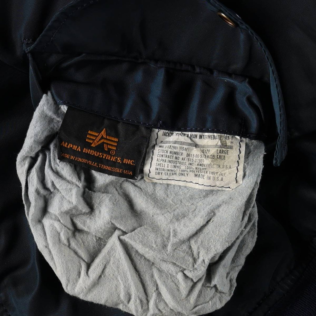 Civilian-made 1990'S Alpha Industries MA-1 type padded military flight jacket, made in the USA, men's size L equivalent, vintage. Nylon navy blue type Vintage Second Hand