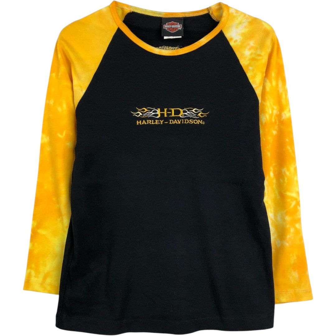 Harley-Davidson tie-dye pattern 3/4 sleeve raglan t-shirt, made in Canada, women's size S equivalent. cotton black type Vintage Second Hand