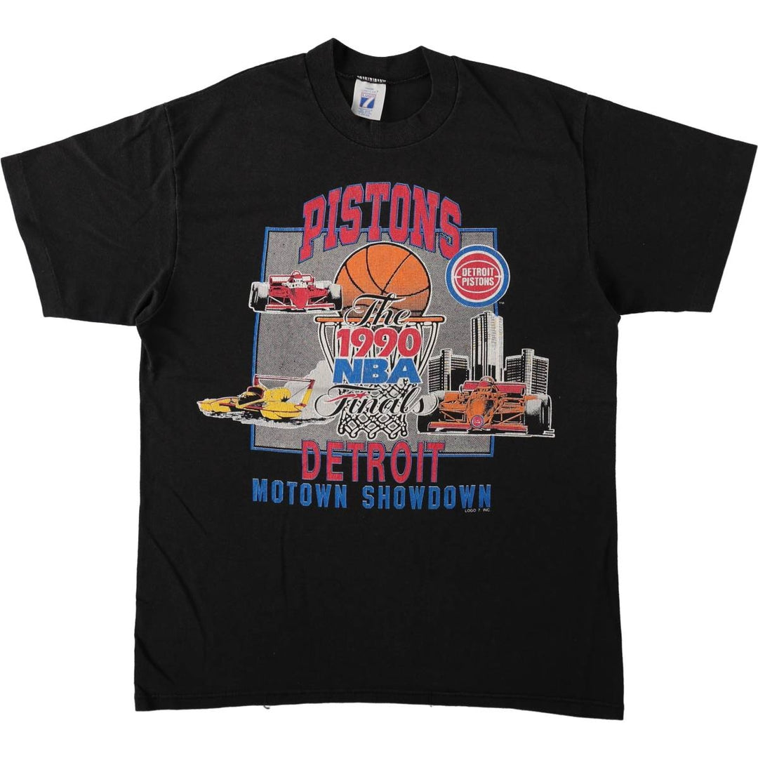 80'S Logo Seven NBA Detroit Pistons Sports Print T-Shirt, Made in USA, Men's Size L (Equivalent), Vintage cotton black type Vintage Second Hand