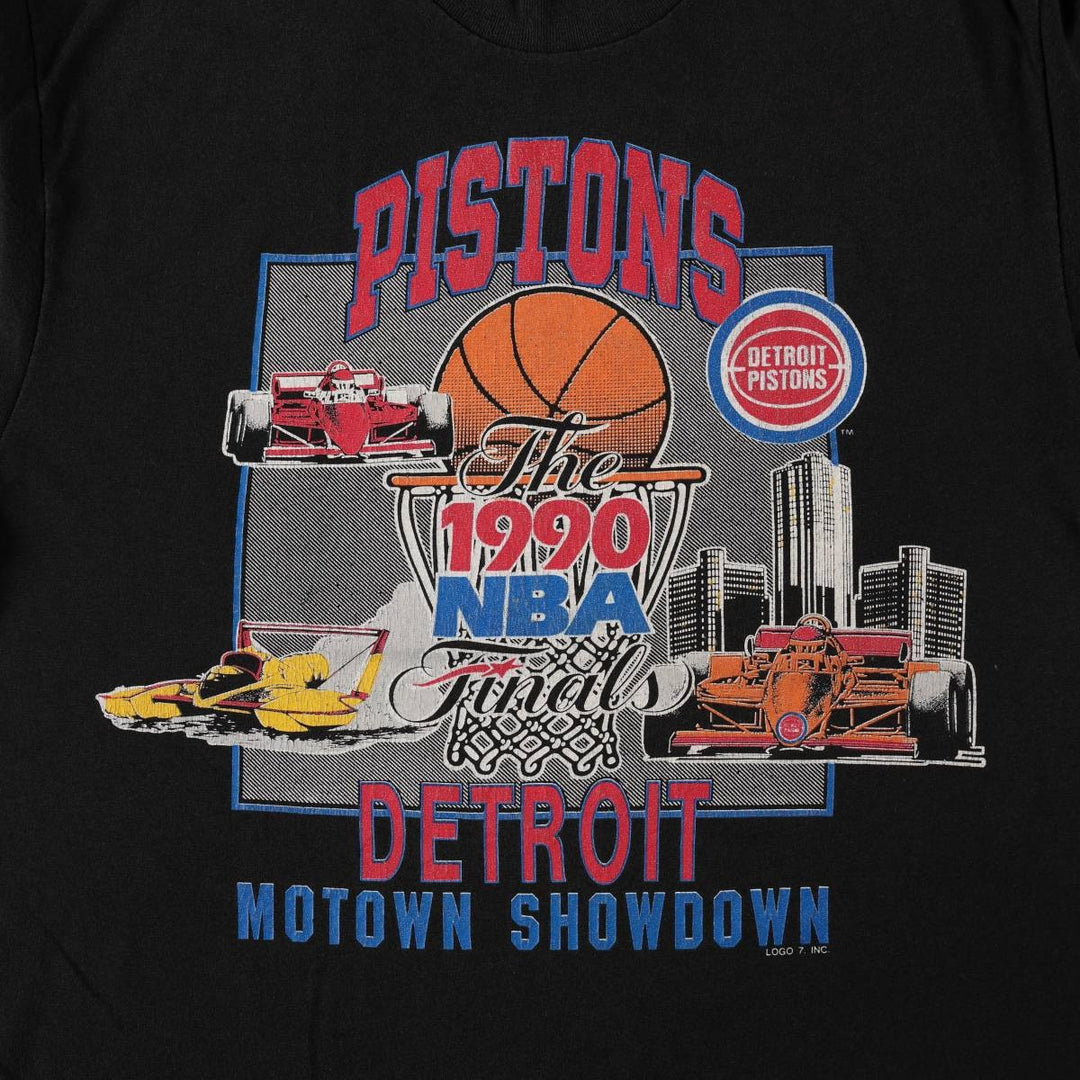 80'S Logo Seven NBA Detroit Pistons Sports Print T-Shirt, Made in USA, Men's Size L (Equivalent), Vintage cotton black type Vintage Second Hand