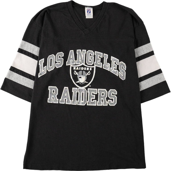 80'S LOGO 7 NFL Los Angeles Raiders V-neck Football 3/4 Sleeve T-shirt, Made in USA, Men's XL equivalent, Vintage cotton black type Vintage Second Hand